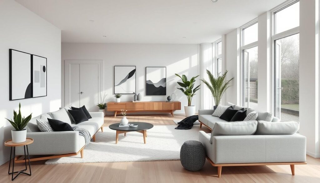 Scandinavian living room with monochrome color scheme