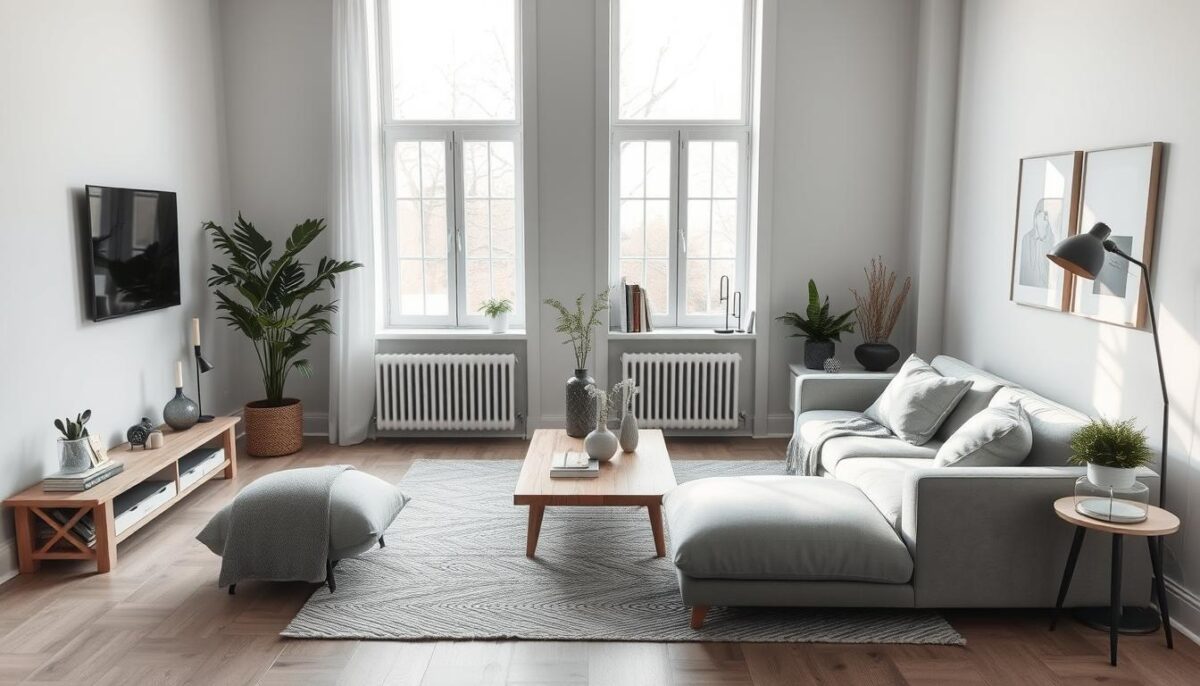 Scandinavian living room with monochrome color scheme