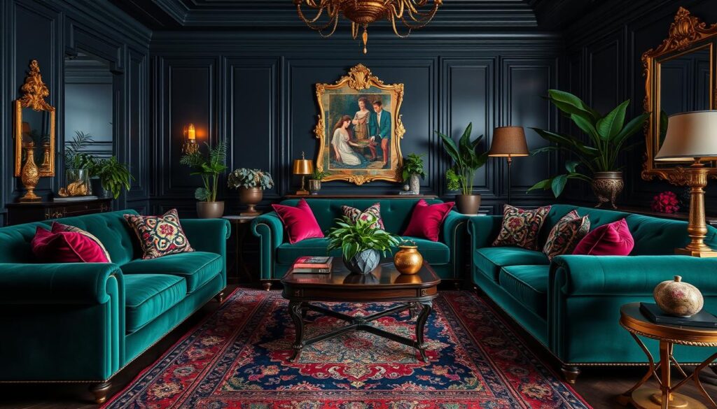 moody maximalist jewel toned interior